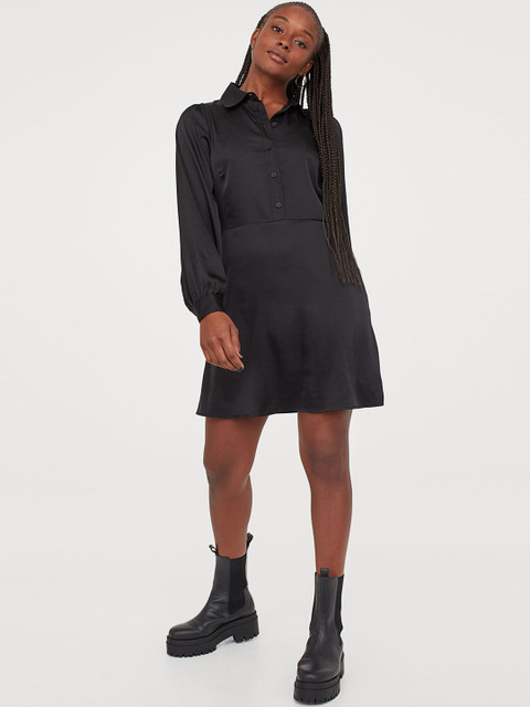 

H&M Women Black Puff-Sleeved Shirt Dress