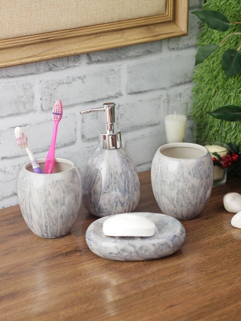 

House Of Accessories Off-White Textured Ceramic Four Piece Bathroom Accessories Set