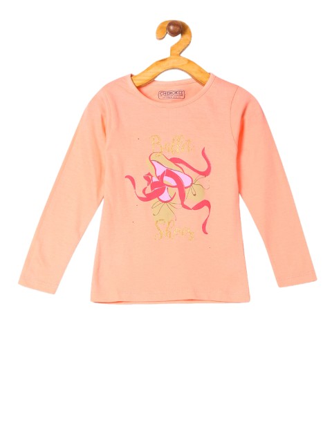 

Cherokee Girls Peach-Coloured & Pink Printed Round Neck T-shirt