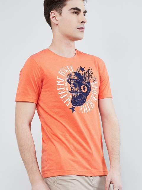 

max Men Orange Printed Round Neck T-shirt