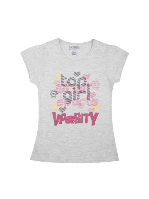 

Cherokee Girls Grey Melange & Pink Printed Round Neck T-shirt