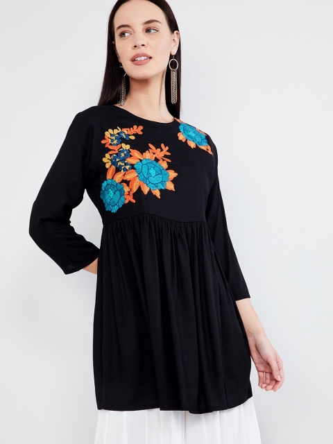 

max Women's Black & Orange Floral Embroidered Tunic