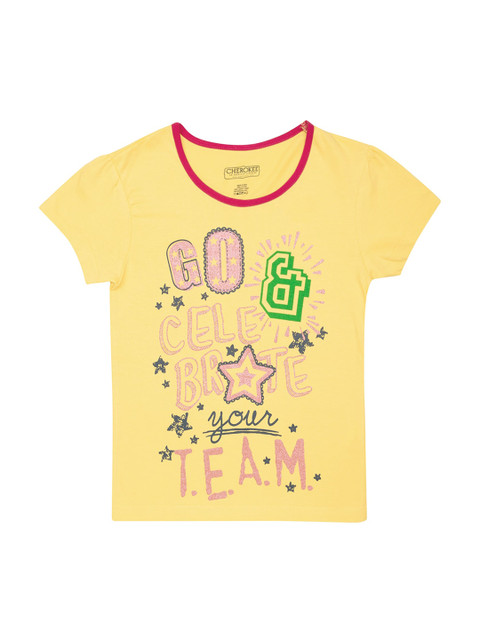 

Cherokee Girls Yellow & Pink Printed Round Neck T-shirt