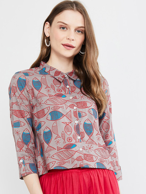 

max Women Grey & Blue Boxy Printed Casual Crop Shirt