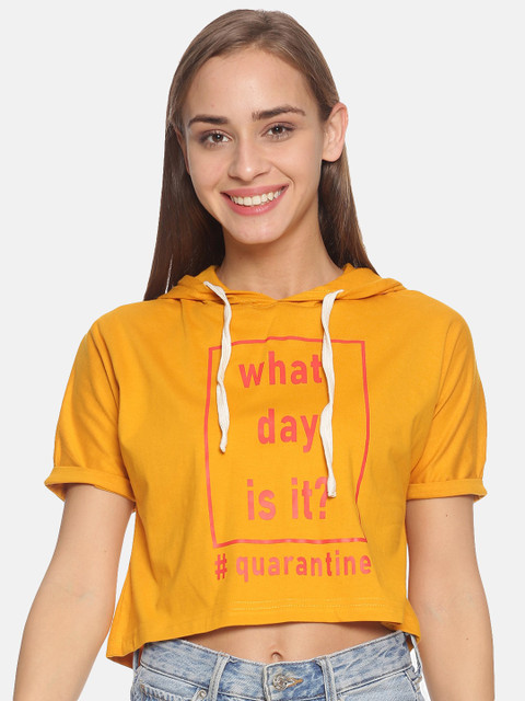 

Campus Sutra Women Mustard Yellow & Pink Printed Crop Hood Top