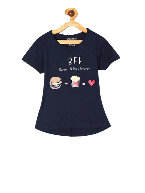 Cherokee Girls Navy Blue & White Printed Round Neck T-shirt