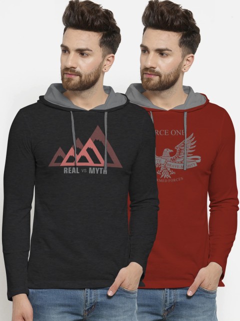 

BULLMER Men Pack of 2 Black & Red Printed Hooded Sweatshirts