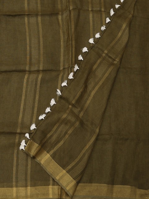 

Pothys Olive Green & Gold Pure Linen Solid Saree
