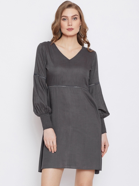 

PANIT Women Grey Solid A-Line Dress with Belt