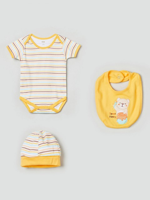 

max Kids Yellow Printed Romper With Bib And Cap