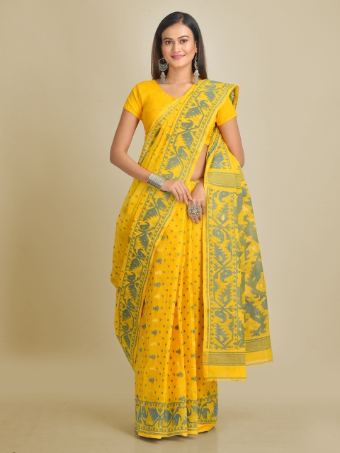 

Mitera Yellow & Grey Pure Cotton Woven Design Jamdani Saree
