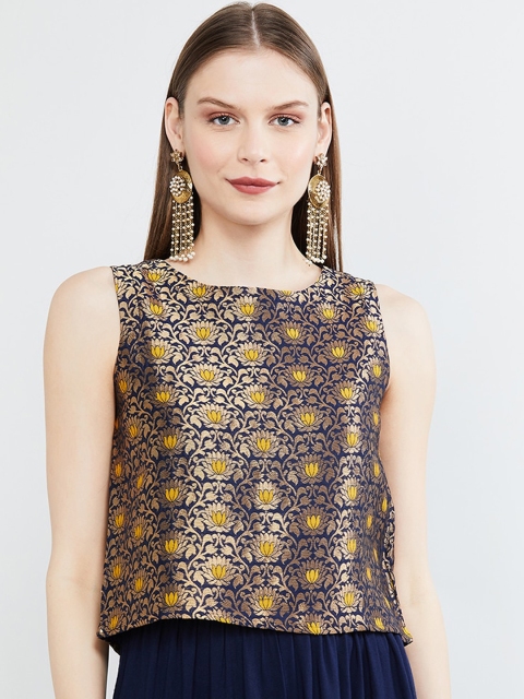 

max Women Navy Blue & Bronze-Toned Jacquard Printed Top