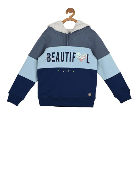 

Stupid Cupid Girls Blue Colourblocked Hooded Sweatshirt