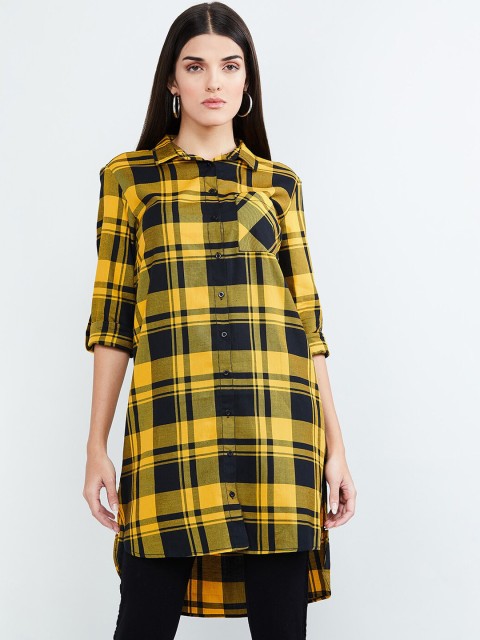 

max Women Yellow & Black Checked Casual Longline Shirt