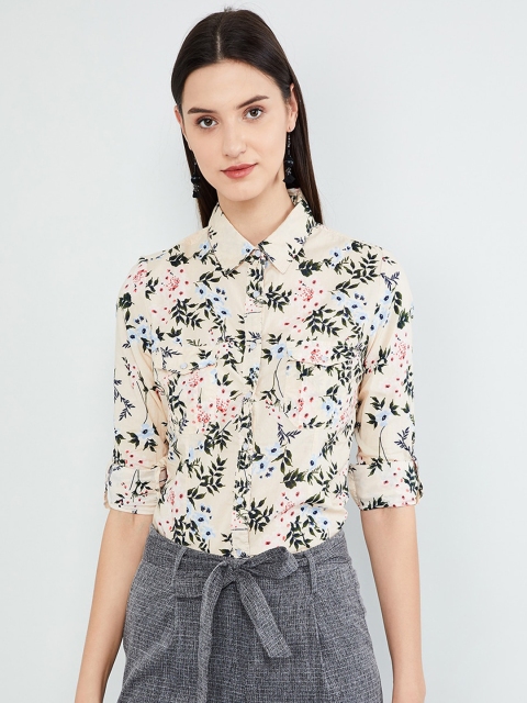

max Women Cream & Green Slim Fit Floral Print Formal Shirt