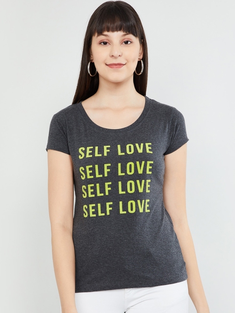

max Women Grey Printed Round Neck T-shirt