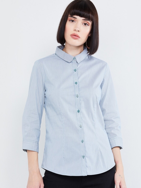 

max Women Blue & White Regular Fit Striped Casual Shirt