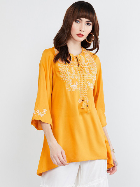 

max Women's Mustard Yellow & White Embroidered Tunic