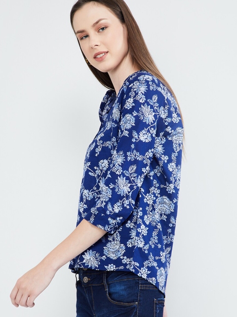 max Women Blue Printed Shirt Style Top