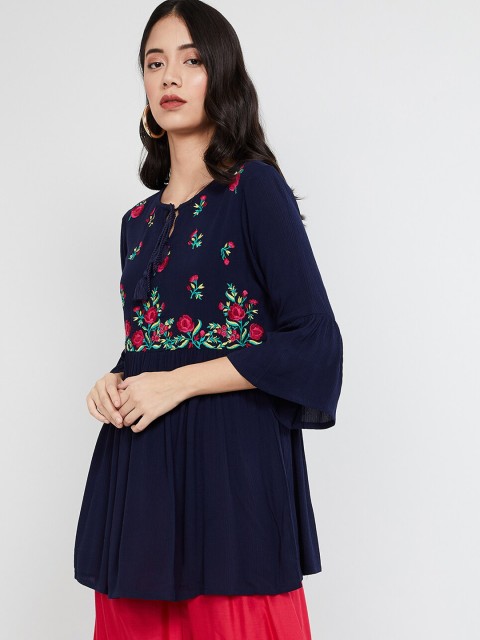 

max Women's Navy Blue & Red Embroidered Tunic