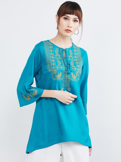 

MAX Women Blue Embroidered Tunic, Turquoise blue