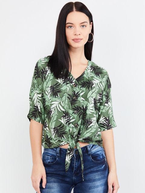 

max Women Green Tropical Print Top with Tie Up Detail