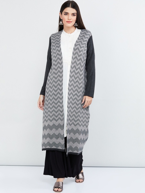 

max Women Grey Printed Open Front Winter Shrug