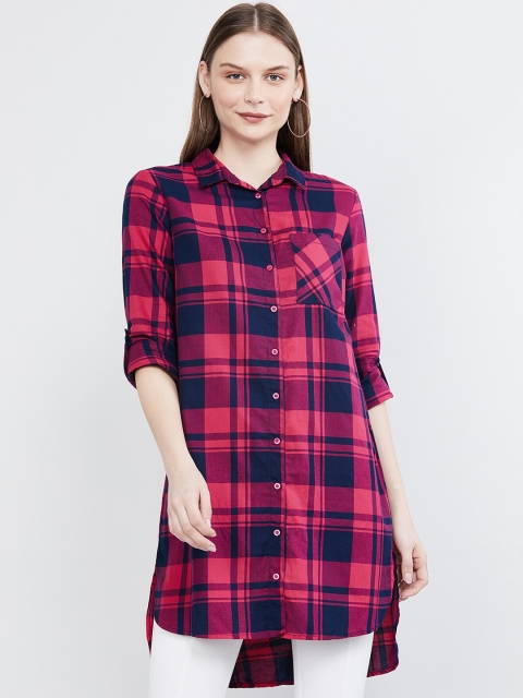 

max Women Pink & Navy Blue Regular Fit Checked Casual Shirt