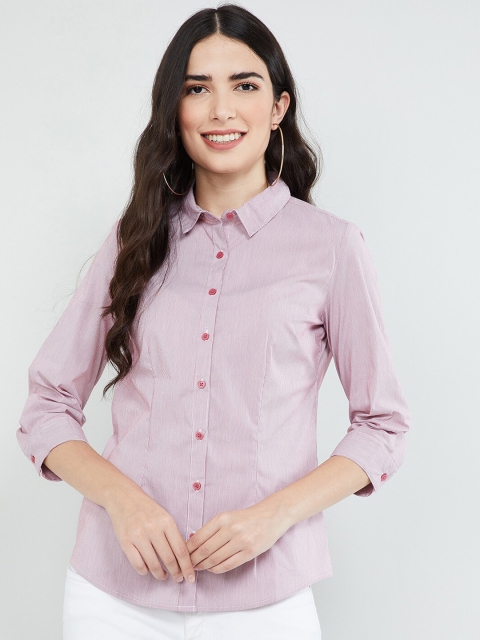 

max Women Pink & White Regular Fit Striped Casual Shirt