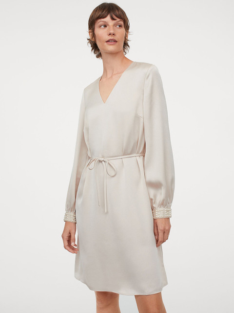 

H&M Women Beige Solid Beaded Satin Dress