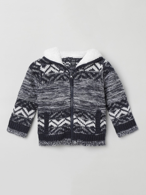 

max Boys Grey & White Self Design Front-Open Sweater