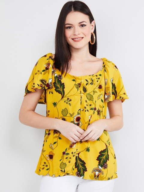 max Women Yellow & Green Floral Printed Shirt Style Top