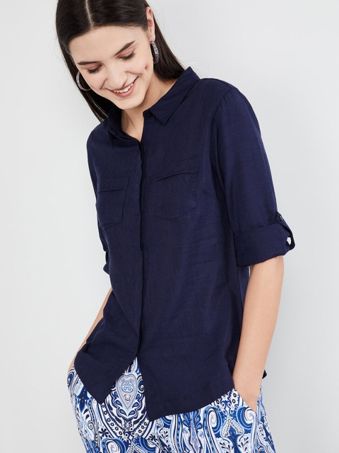 

max Women Navy Blue Regular Fit Solid Casual Shirt