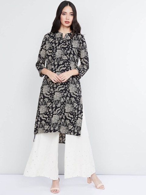 max Women Black & Off-White Floral Print Straight Kurta