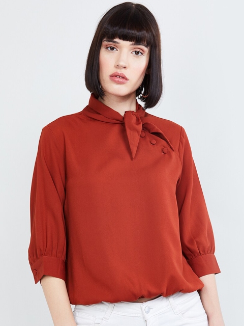 max Women Rust Orange Solid Tie-Up Neck Blouson Top