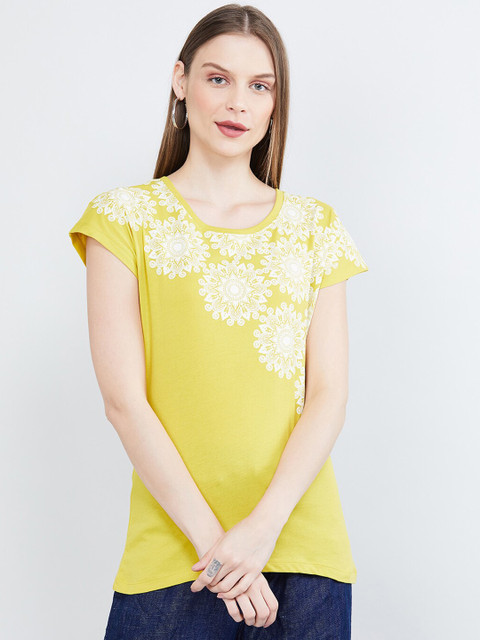 

max Women Green Printed Round Neck T-shirt