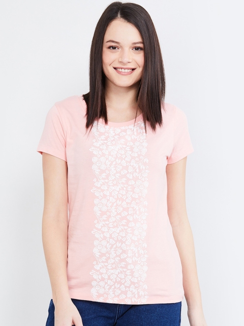 

max Women Peach-Coloured Printed Round Neck T-shirt