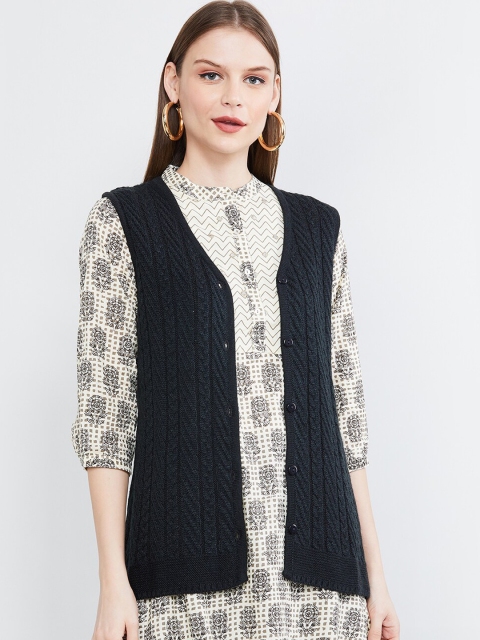 

max Women Navy Blue Self Design Cardigan Sweater