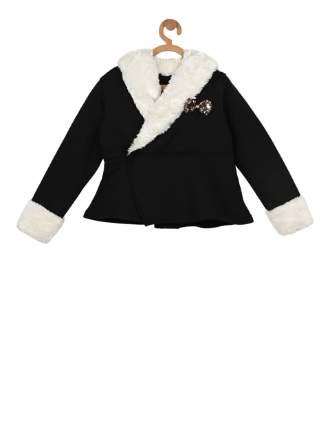 Stupid Cupid Girls Black & White Solid Hooded Sweatshirt