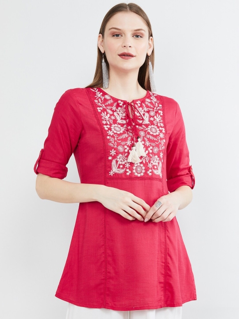 

max Women's Pink & White Embroidered Tie-Up Neck Tunic