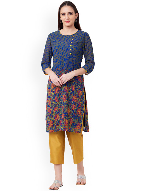 

IMARA Women Navy Blue & Red Floral Printed Straight Kurta