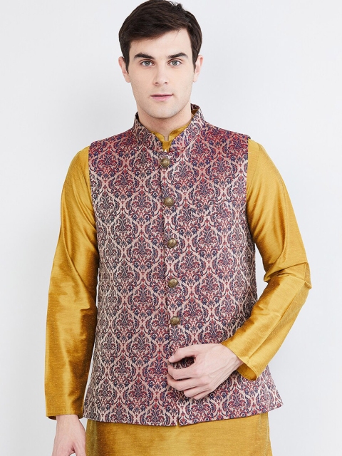 

max Men Beige & Red Woven Design Woven Nehru Jacket