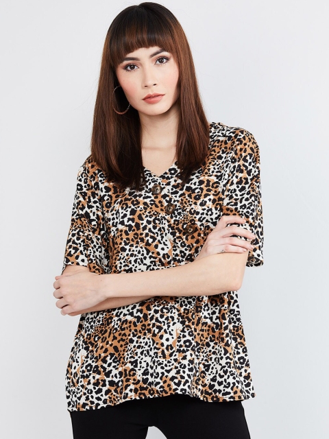 max Women Beige & Black Leopard Print Top