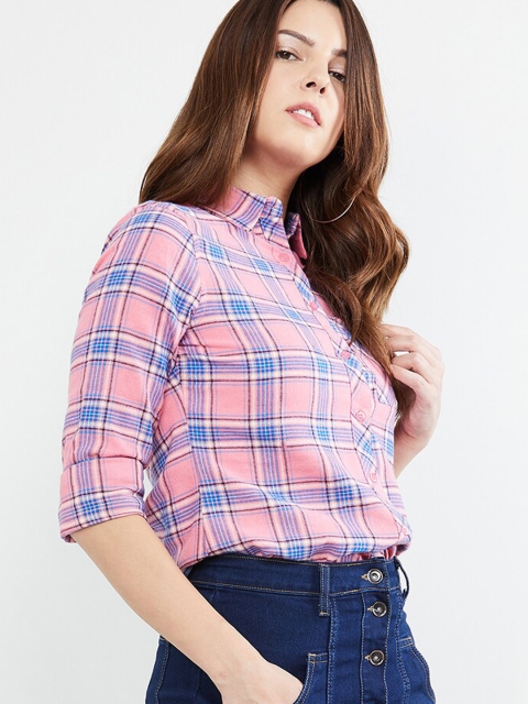 

max Women Pink & Blue Regular Fit Checked Casual Shirt