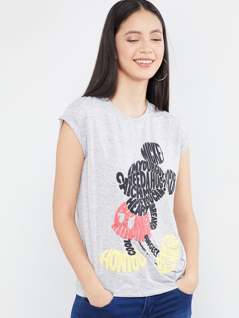 

max Women Grey & Black Mickey Mouse Printed Round Neck T-shirt