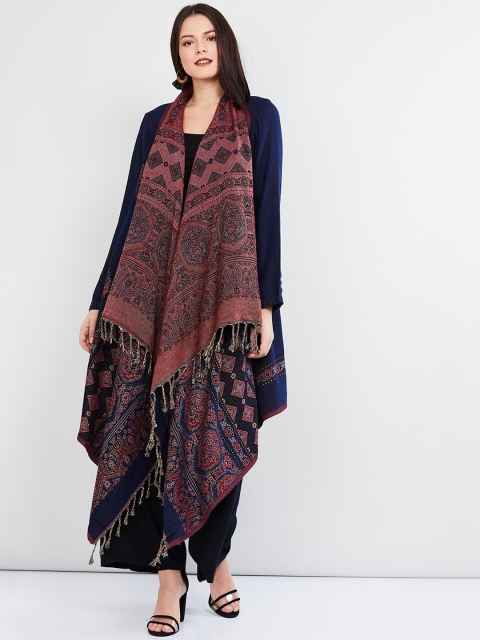 

max Women Blue Woven Design Waterfall Knitted Shrug