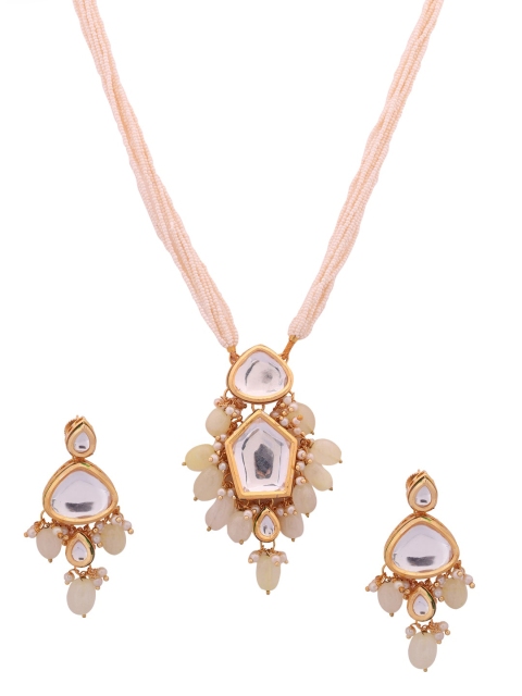 

Shoshaa Gold-Plated White & Lime Green Kundan-Studded & Beaded Jewellery Set
