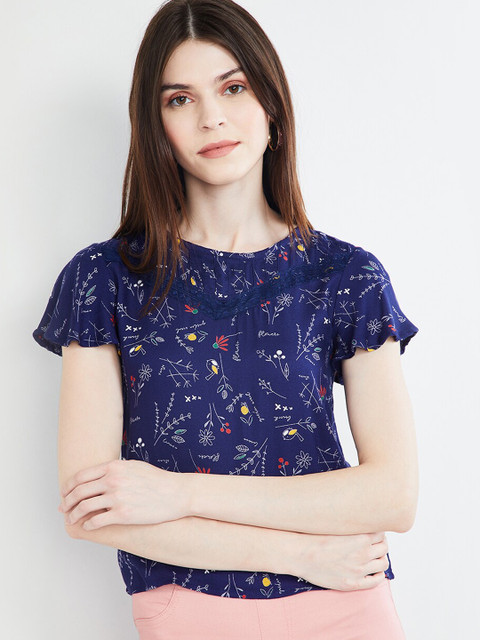 

max Women Navy Blue & Grey Floral Print Top