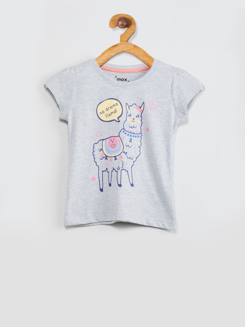 

max Girls Grey Melange & Navy Blue Llama Print Cap Sleeves Top