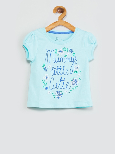 

max Girls Aqua Blue Printed Puff Sleeves Top